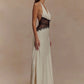 Mozision Summer Backless Sexy Maxi Dress Women Gown Patchwork Lace Halter Deep V Neck Sleeveless High Waist Elegant Long Dress