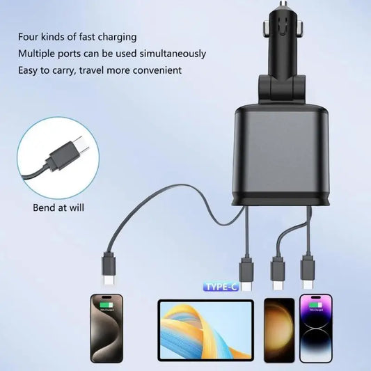 U55A 4 in 1 Retractable Car Charging Adapter USB C Fast Car Chargers with Type-C Cord USB & USB C Ports
