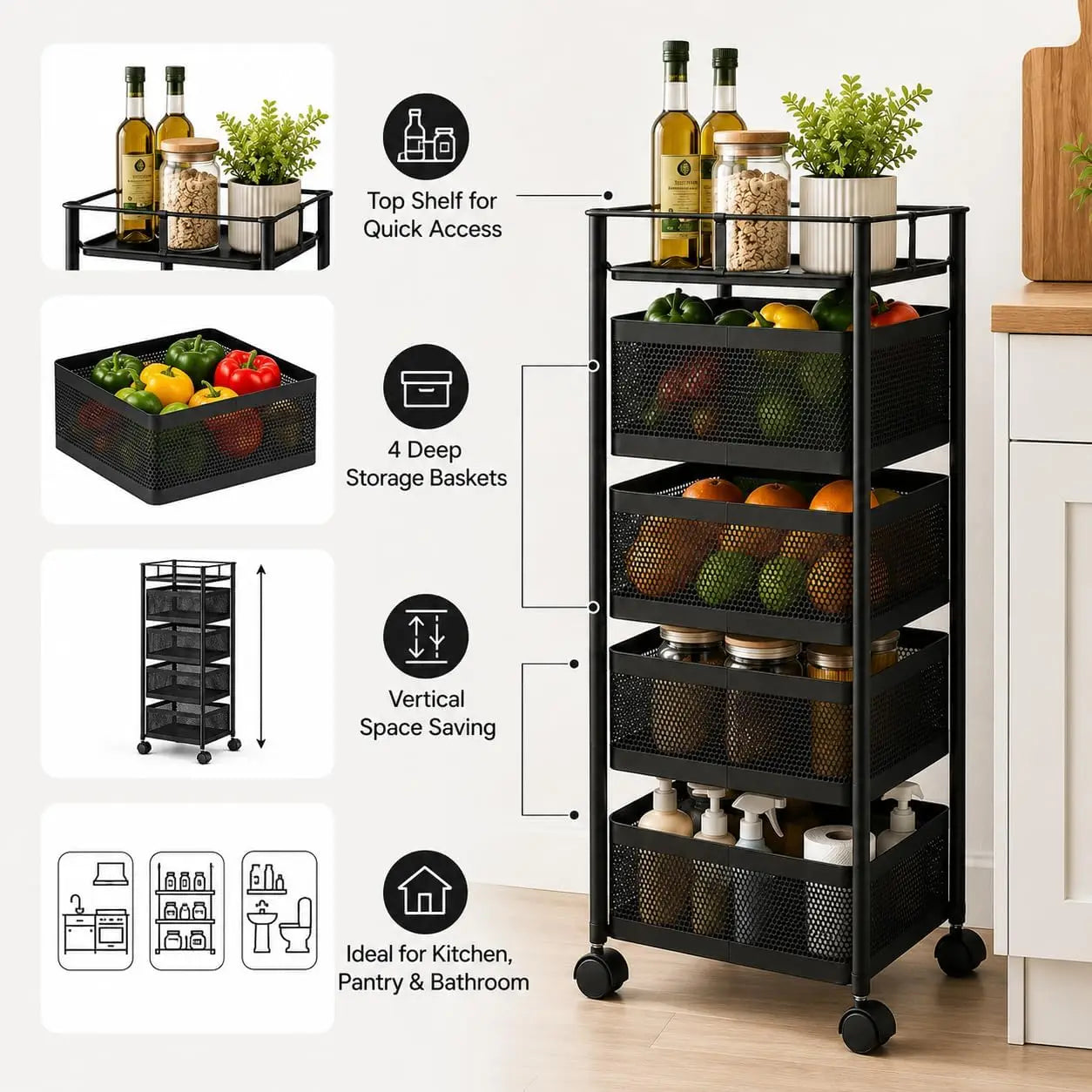 6 Tier Rotating Storage Shelves Rack,Kitchen Vegetable Storage Trolley,Vegetable Fruit Storage Basket Rack,5 Layer Kitchen Rotating Storage Rack,Vegetable Trolley,Potato Storage,Onion Storage