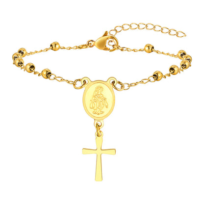 Vnox Rosary Bracelet for Women Girls, Gold Plated Stainless Steel Religious Cross and Virgin Mary Prayer Bracelets Gifts