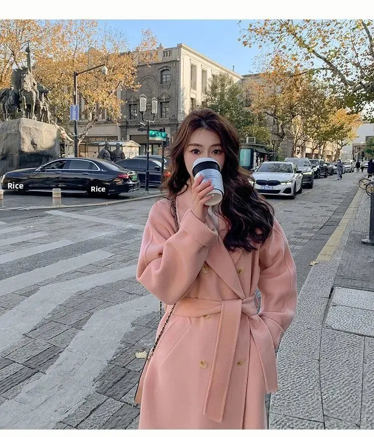 Blue Korean Style Woolen Coat Loose Women's Fashion Autumn Winter New Arrival Medium Length Belted Outerwear for Ladies | Women's Fashion