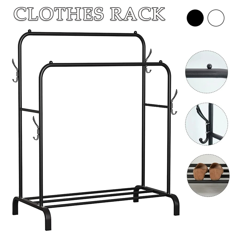 Heavy Duty Rolling Clothes Rack Metal Coat Hanger Stand Floor-Standing Bedroom Clothes Shelf Simple Rod Shoes Storage Organizer