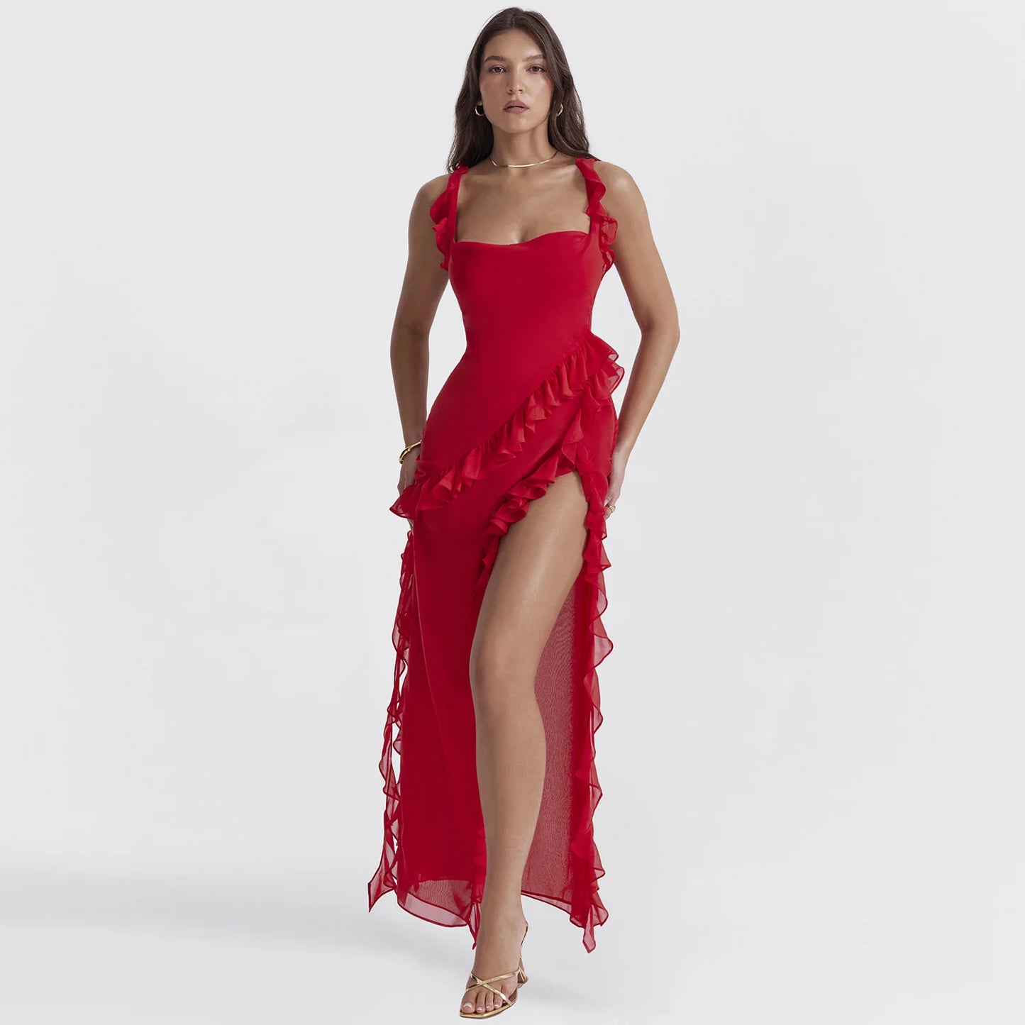 Sexy Strap Fungus High Slit Dress Red Backlesss Elegant Patchwork Women's Summer Long Lace Dress Party Date 2026 Spring Sexy