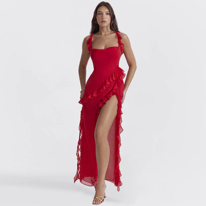 Sexy Strap Fungus High Slit Dress Red Backlesss Elegant Patchwork Women's Summer Long Lace Dress Party Date 2026 Spring Sexy