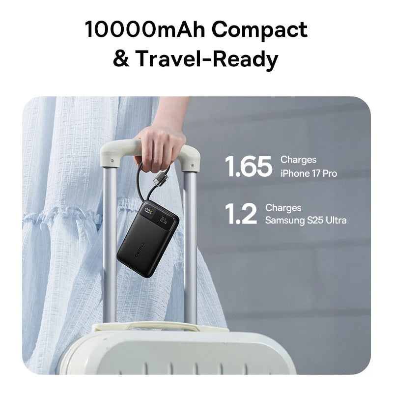 Baseus 10000mAh Power Bank 22.5W Built-In Dual USB-C Cable Thinner Fast Charging for iPhone 17 Pro Max Samsung S25 Xiaomi Poco