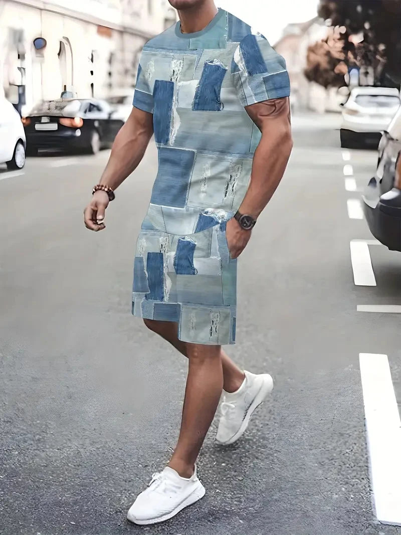 2025 Summer Men's Clothing Letter Print Short Sleeve Top Men's Elastic Waist Shorts 2-piece Set Plus Size T Shirts Shorts Set