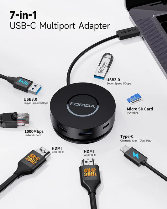 7-in-1 USB C HUB Mini Docking Station Dual 4K HDMI 1000Mbps Gigabit Ethernet USB C 3.0 Hub for Laptop/MacBook/Dell/Lenovo