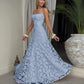 Elegant Jacquard Lace Spaghetti Straps Maxi Dress Backless Tie Square Neck Floor Length A Line Dress Evening Wedding Graduation