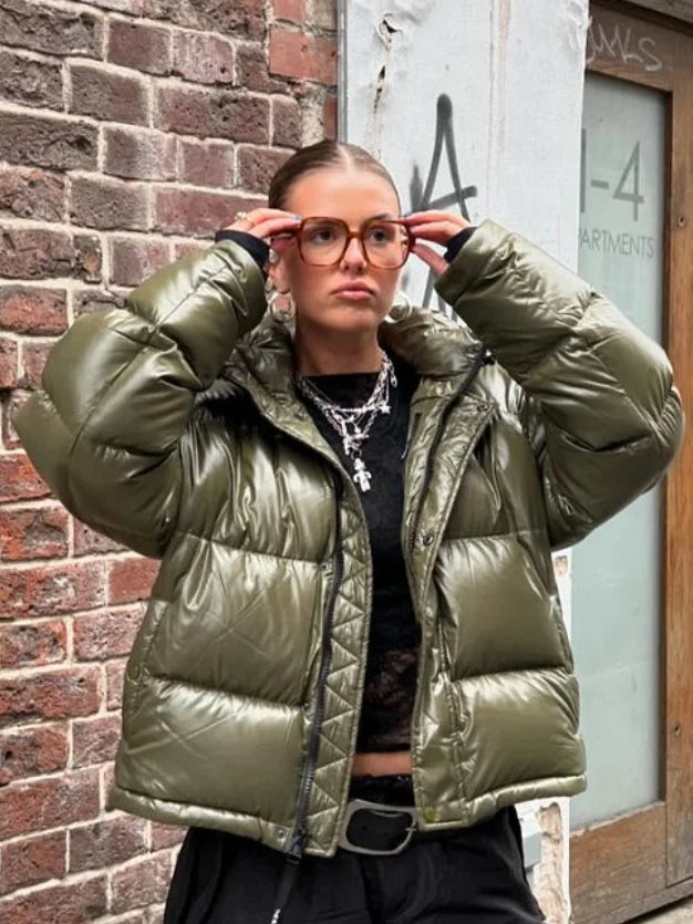 Women Hooded Thicken Warm Cotton Jacket Zipper Fashion Glossy Snow Winter Loose Female Coat Lace Up Casual Down Puffer Outwear