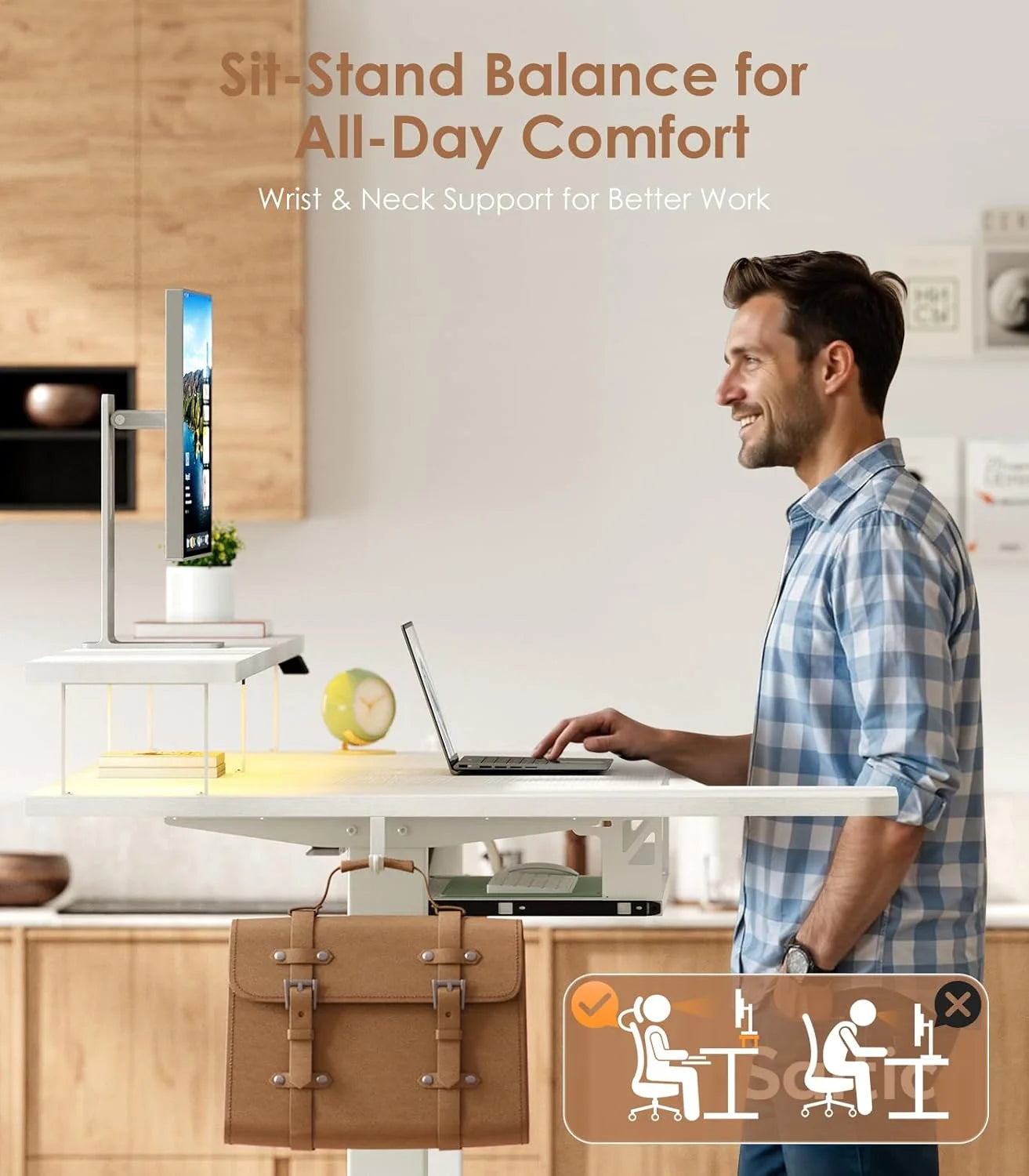 OffiGo Standing Desk, 120cm U Shaped Height Adjustable Desk with Monitor Stand, Electric Sit Stand Rising Table with Sockets,  W
