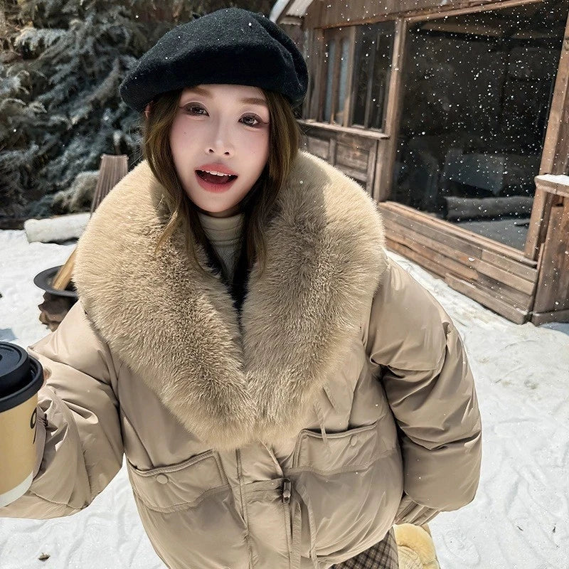 Fashion Winter Jacket Women 2025 New Korean Big Fur Collar Thick Down Cotton Jacket Parkas Female Short Coat Slim Warm Outerwear