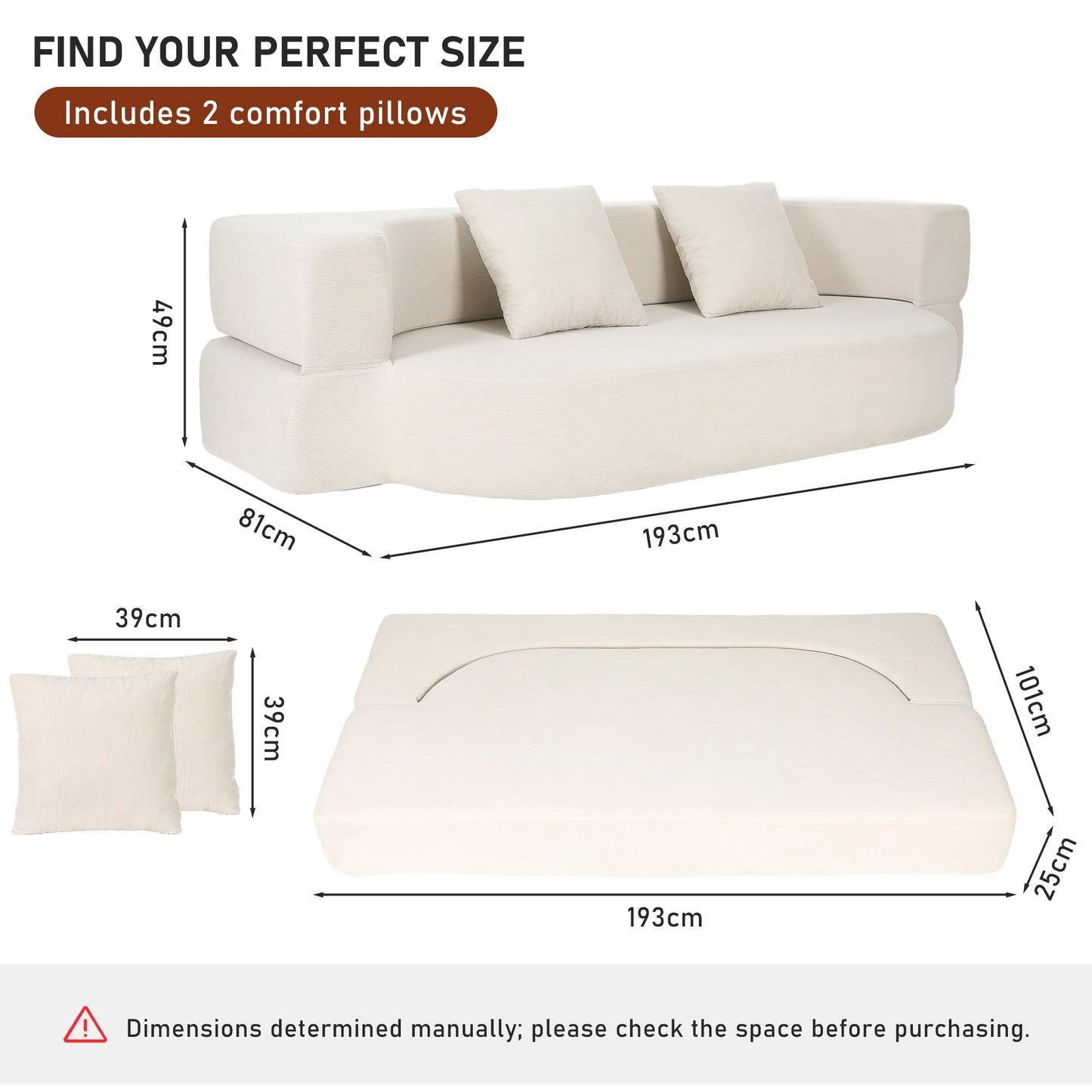 Folding Sofa Bed, Convertible Futon Sleeper Bed, 2-in-1 Foldable Floor Mattress, Breathable High-Density Foam Lazy Couch, Twin Size Comfy Lounge Chair with 2 Pillows