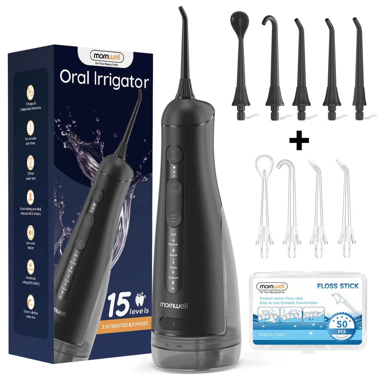 Portable Oral Irrigator with 5 Jet Tips , 5 Cleaning Modes of 3 water pressure , 300ml Water Tank IPX7 Waterproof Water Flosser