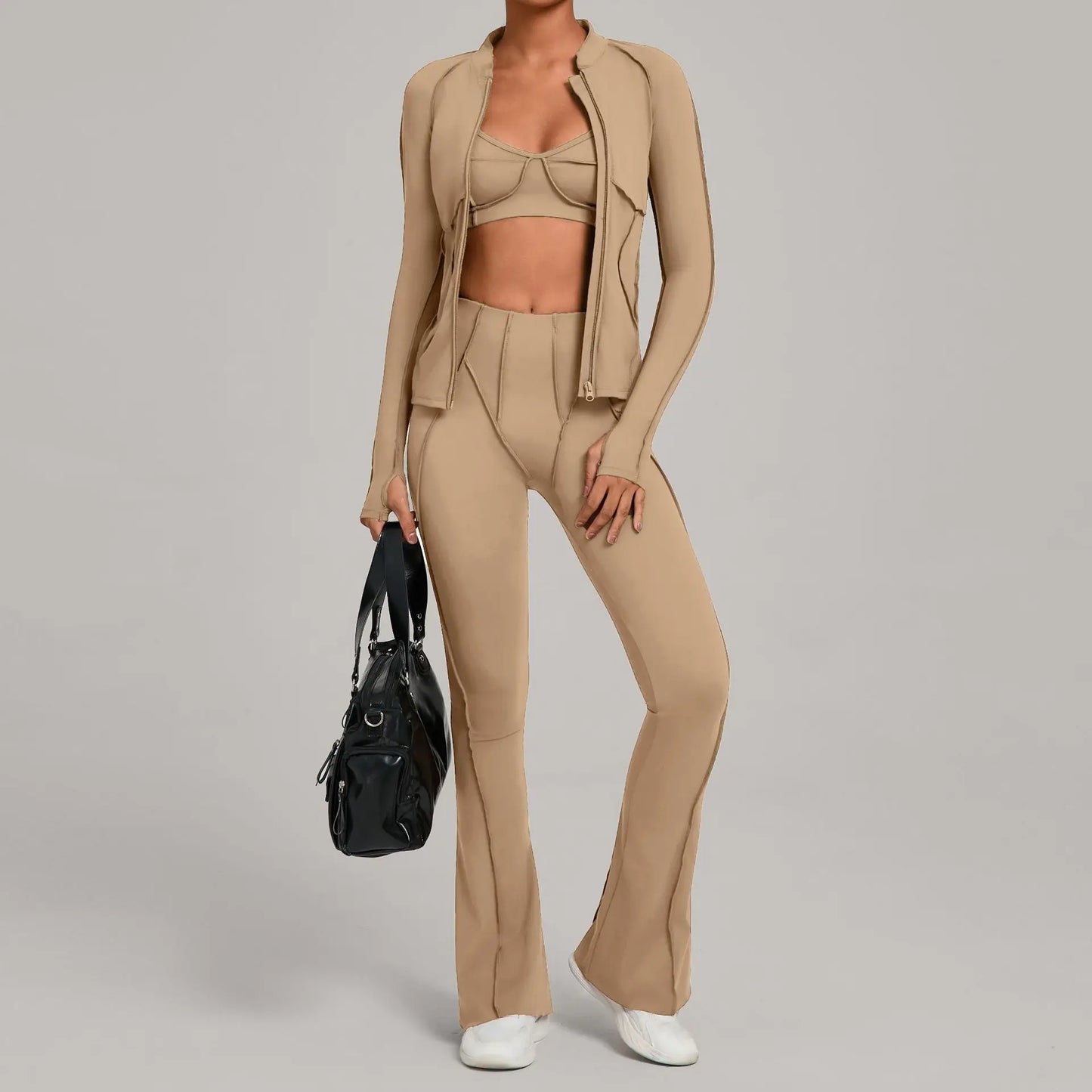 3PCS Women's Seamless Yoga Sets Sports Jackets Bra Flared-pants Suits Slim Fit Hip-Lifting Tracksuits Fitness Gym Workout Sets