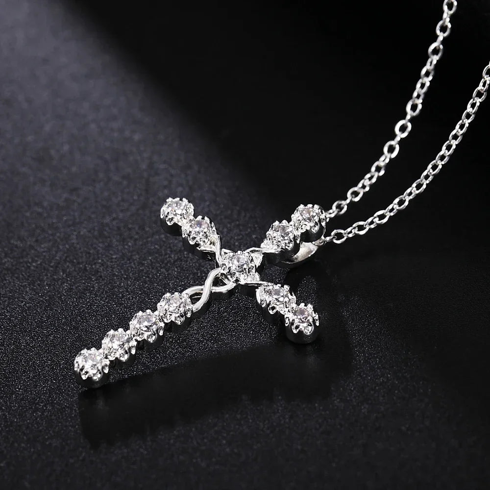 Fashion brand 925 Sterling Silver Necklace For Women Jewelry Blue crystal Exquisite cross Pendant birthday gifts Wedding party