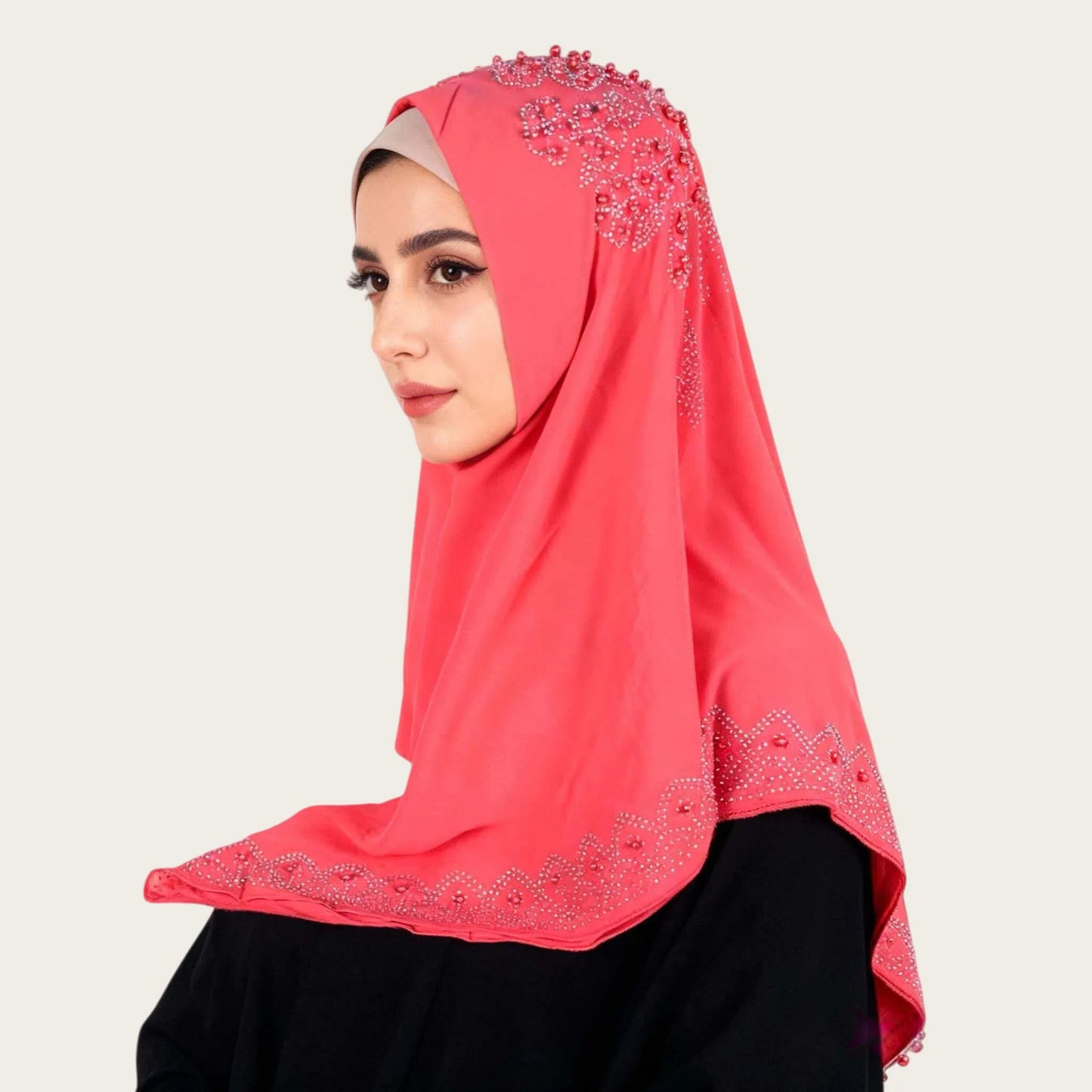 Muslim Square Scarf Women Fashion Rhinestone Hijab Arab Headwrap Turban Headband Pearl Chiffon Islamic Headscarf  Free Pin