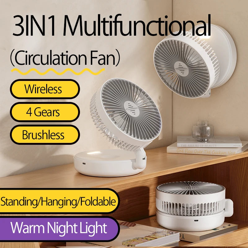 5000mAh Rechargeable 3 IN 1 Multifunctional Fan 4 Speed 90° Folding Wall Mounted Portable Fan with Warm Night Light