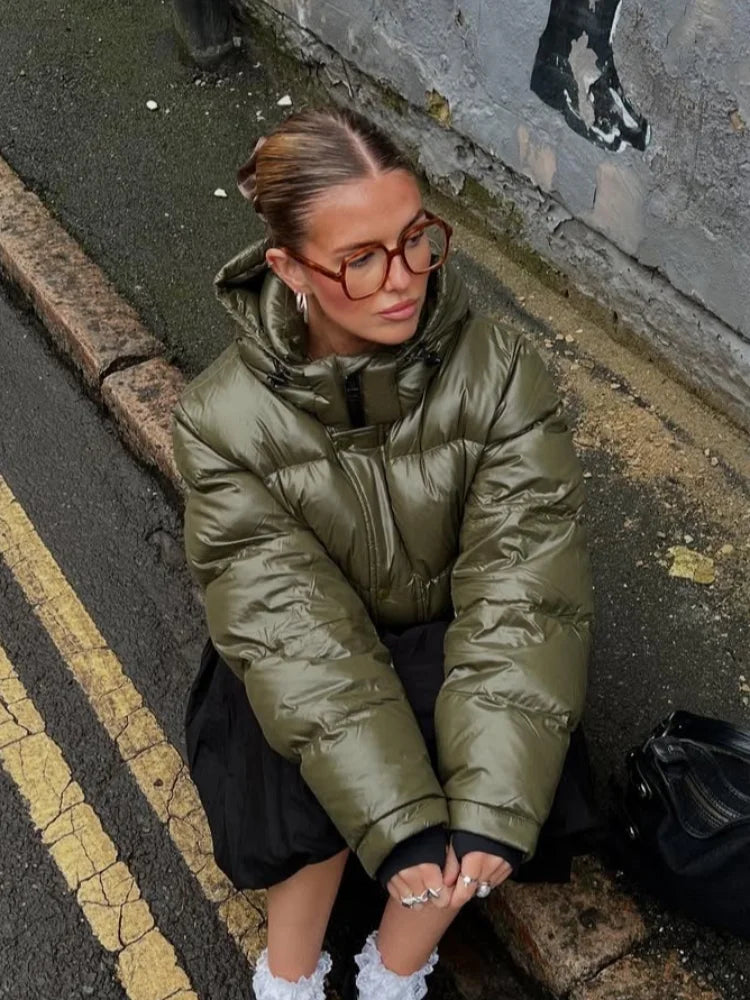 Women Hooded Thicken Warm Cotton Jacket Zipper Fashion Glossy Snow Winter Loose Female Coat Lace Up Casual Down Puffer Outwear