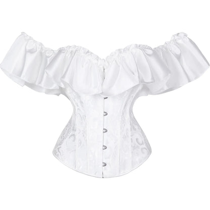 Women's Sexy Corset Bustier Button Down Back Tied Elegant Embroidered Ruffles Trim Strapless Slim Fit Off The Shoulder Tops