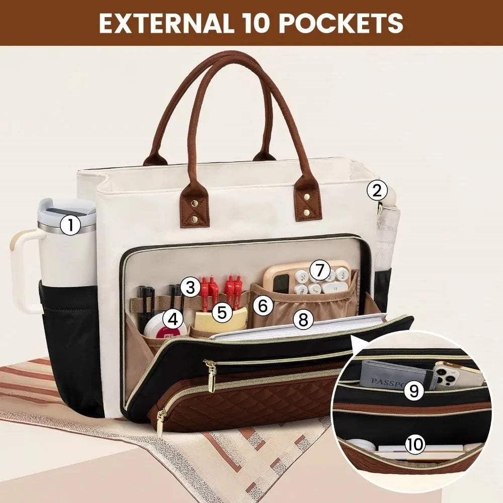 Large Capacity Tote Bag for Women Multi-Pocket Water-resistant Work Briefcase Professional Lightweight Quilted Shoulder Bag