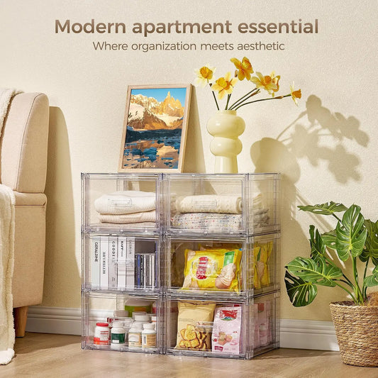 4 Pack Clear Stackable Storage Drawers 15QT, Easily Assemble Closet Organizers,Plastic Storage Bins for Bathroom,Cabinet,Kitchen