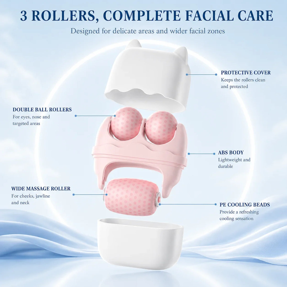 3 Roller Ice Face Roller Cooling Facial Massager with Cat Ear Storage Case Reduce Puffiness Jawline Neck Eye Skincare Massage To