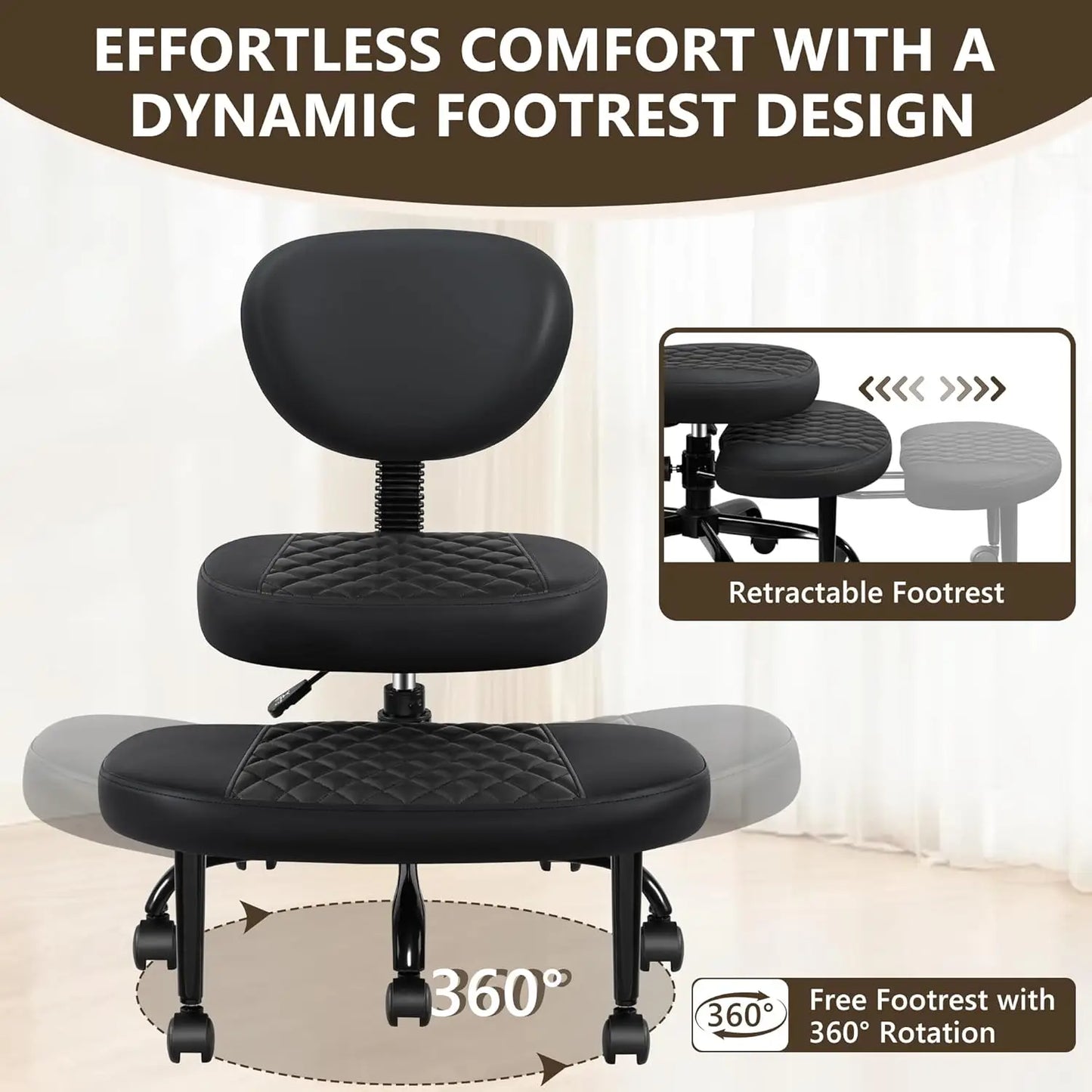 Meditation Chair, Cross Legged Chair with Wheels, ADHD Chair, Criss Cross Desk Chair with Height Adjustable Backrest and Adjustable Stool, Flexible Design for Fidgety Sitters,Black