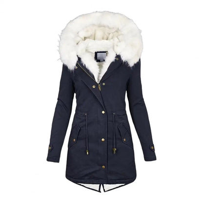 Thicken Women Winter Cotton Coat Faux Fur Hood Fleece Zip-up Button Jacket Windproof Mid Length Slim Outerwear