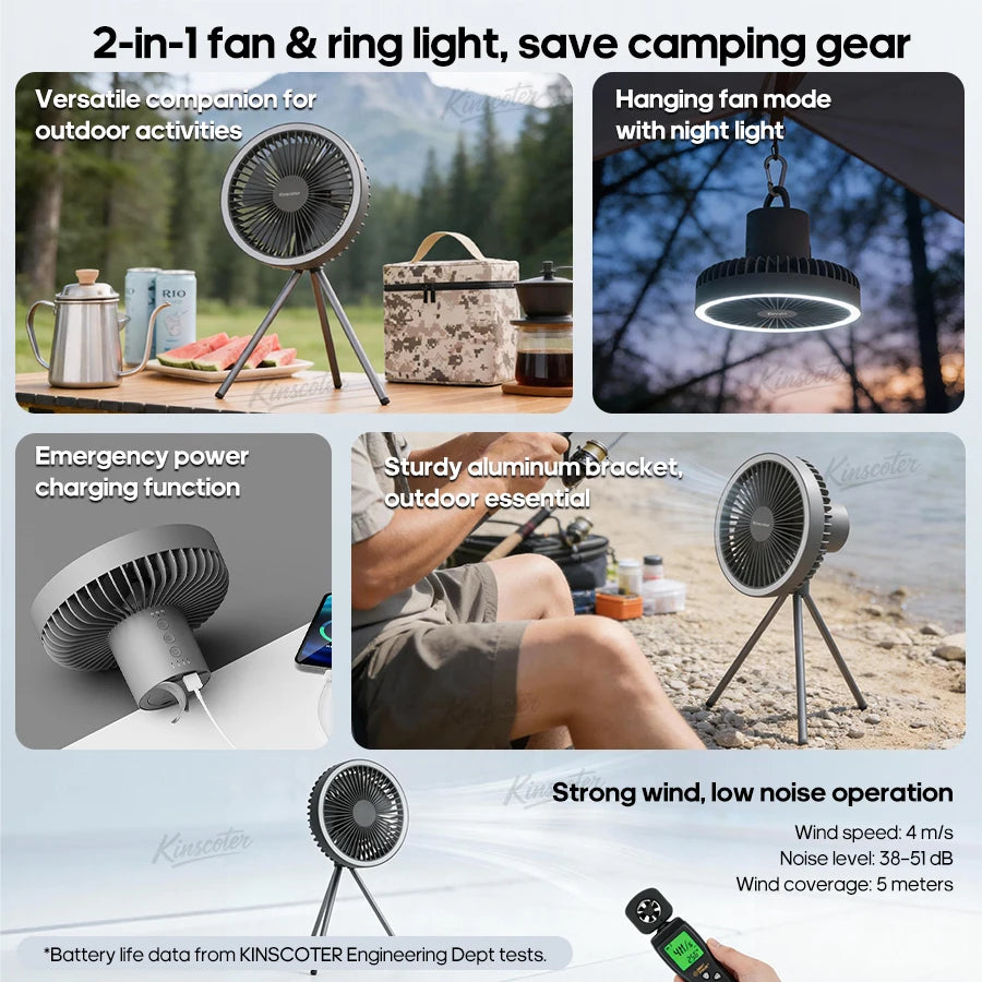10000mAh 4000mAh Camping Fan Rechargeable Desktop Portable Circulator Wireless Ceiling Electric Fan with Power Bank LED Lighting