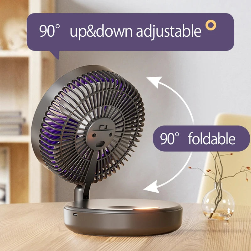 5000mAh Rechargeable 3 IN 1 Multifunctional Fan 4 Speed 90° Folding Wall Mounted Portable Fan with Warm Night Light