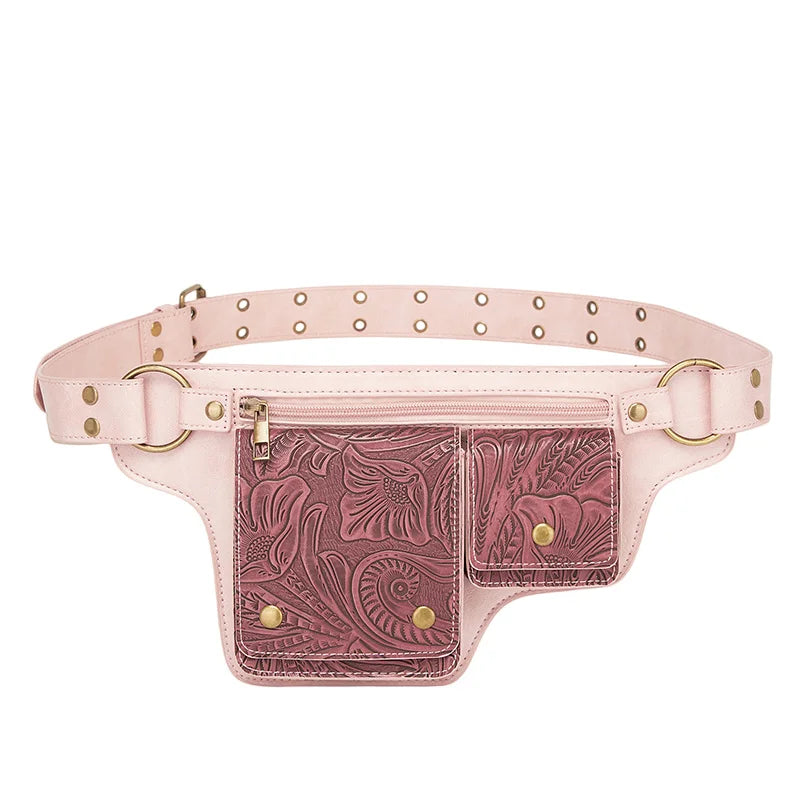 Medieval Punk Waist Bag PU Leather Retro Emboss Adjustable Outdoor Motorcycle Crossbody Pouch Casual Sports Portable Hip Bags