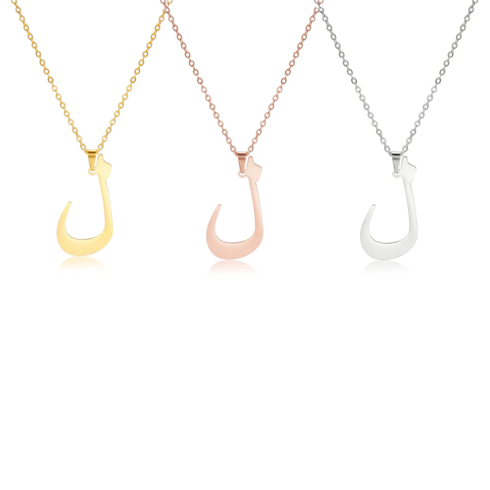 EUEAVAN Arabic Letter Pendant Necklace for Women Men Stainless Steel Arab Initial Alphabet Necklaces Lucky Amulet Muslim Jewelry