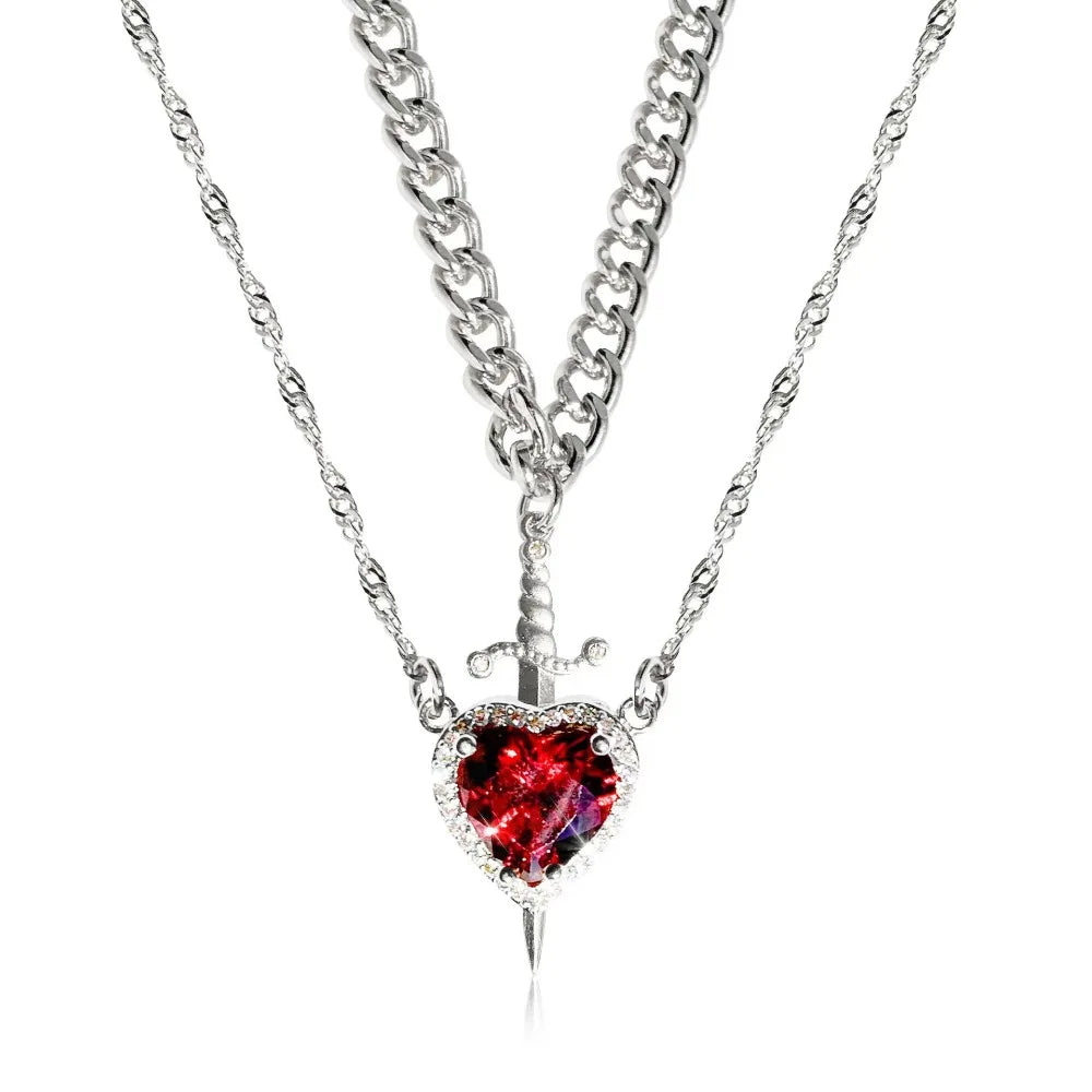 2Pcs Gothic Punk Sword Heart Creative Couple Necklace for Women Men Lovers Sparkling Y2K Heart Pendant Jewelry Accessories Gifts