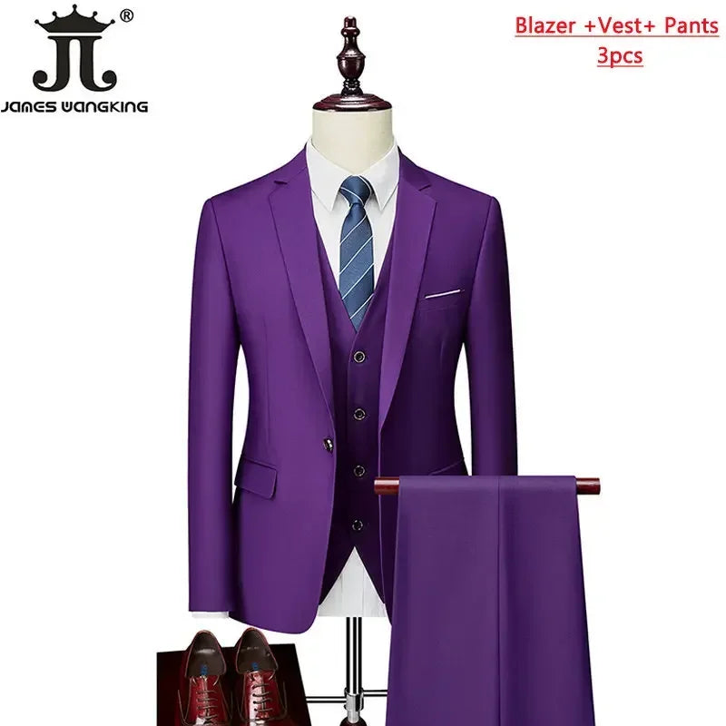 M-6XL 15 Colors ( Jacket+Vest+Pants ) Formal Business Office Men's Suits Groom Wedding Dress Party Dress Solid Color Suit