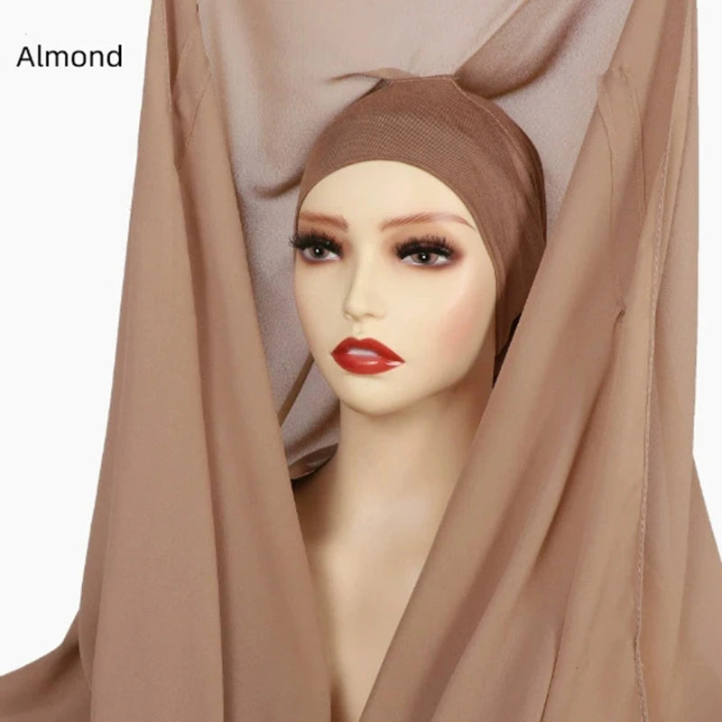 Chiffon Instant Hijab With Bulit-in Magnets Muslim Woman Hijab Solid Color Easy To Wear Shawl Wrap With Undercap Famme Headscarf