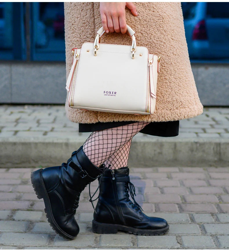 FOXER Split Leather Women Shoulder Bag Elegant Handbag 2025 Autumn Winter Female Large Tote Bag Luxury Design Crossbody Purse