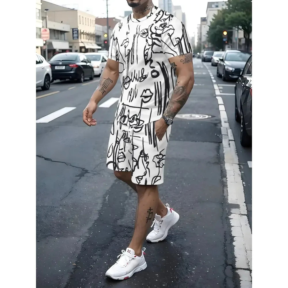 2025 Summer Men's Clothing Letter Print Short Sleeve Top Men's Elastic Waist Shorts 2-piece Set Plus Size T Shirts Shorts Set
