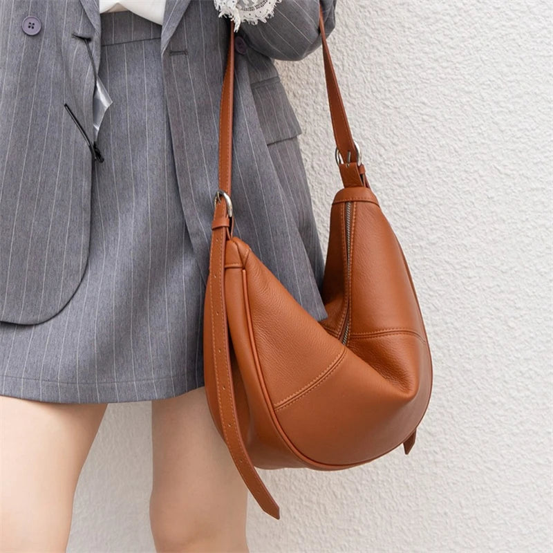 BURMINSA Soft Genuine Leather Crescent Hobo Bag For Women Slouchy Cowhide Shoulder Bag Retro Daily Work Crossbody Purse Handbags