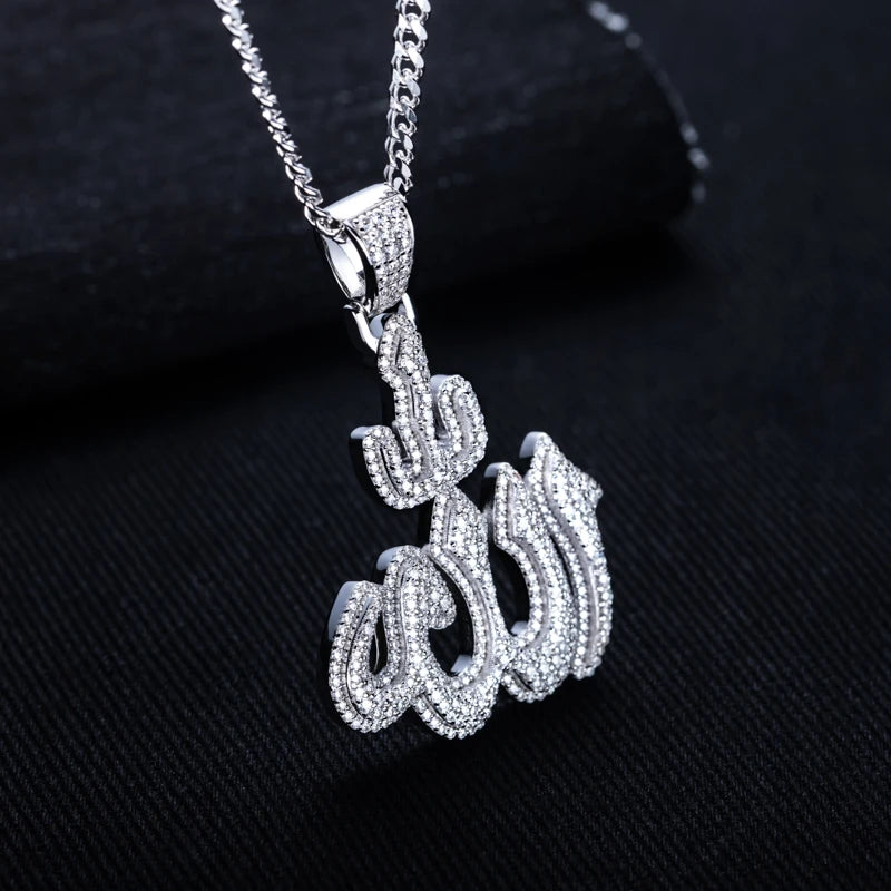 MossanRappr 2.9cttw Moissanite Islam Muslim Rune Patter Pendant Allah Necklace 925 Sterling Silver Hip Hop Jewelry Gifts for Men