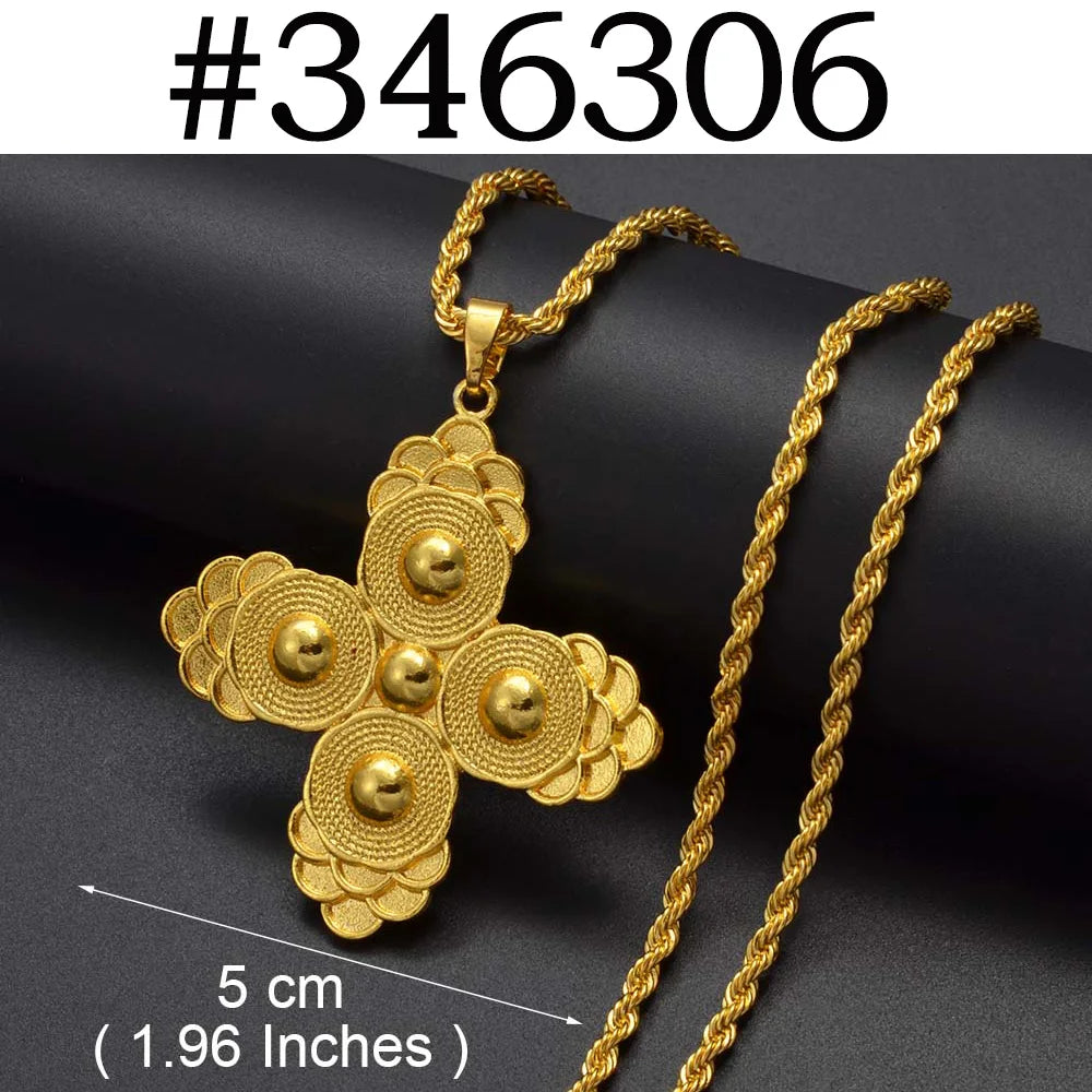 Anniyo Ethiopian Cross Pendant Necklaces for Women  Gold Color Habesha Eritrean African Ethnic Traditional Jewelry #346106