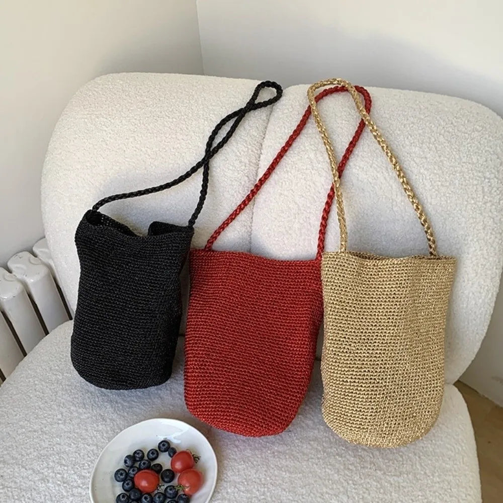 New Large Capacity Handwoven Bucket Bag Solid Color Boho Metal Line Bucket Bag Straw Design Handmade Crossbody Bag Gifts