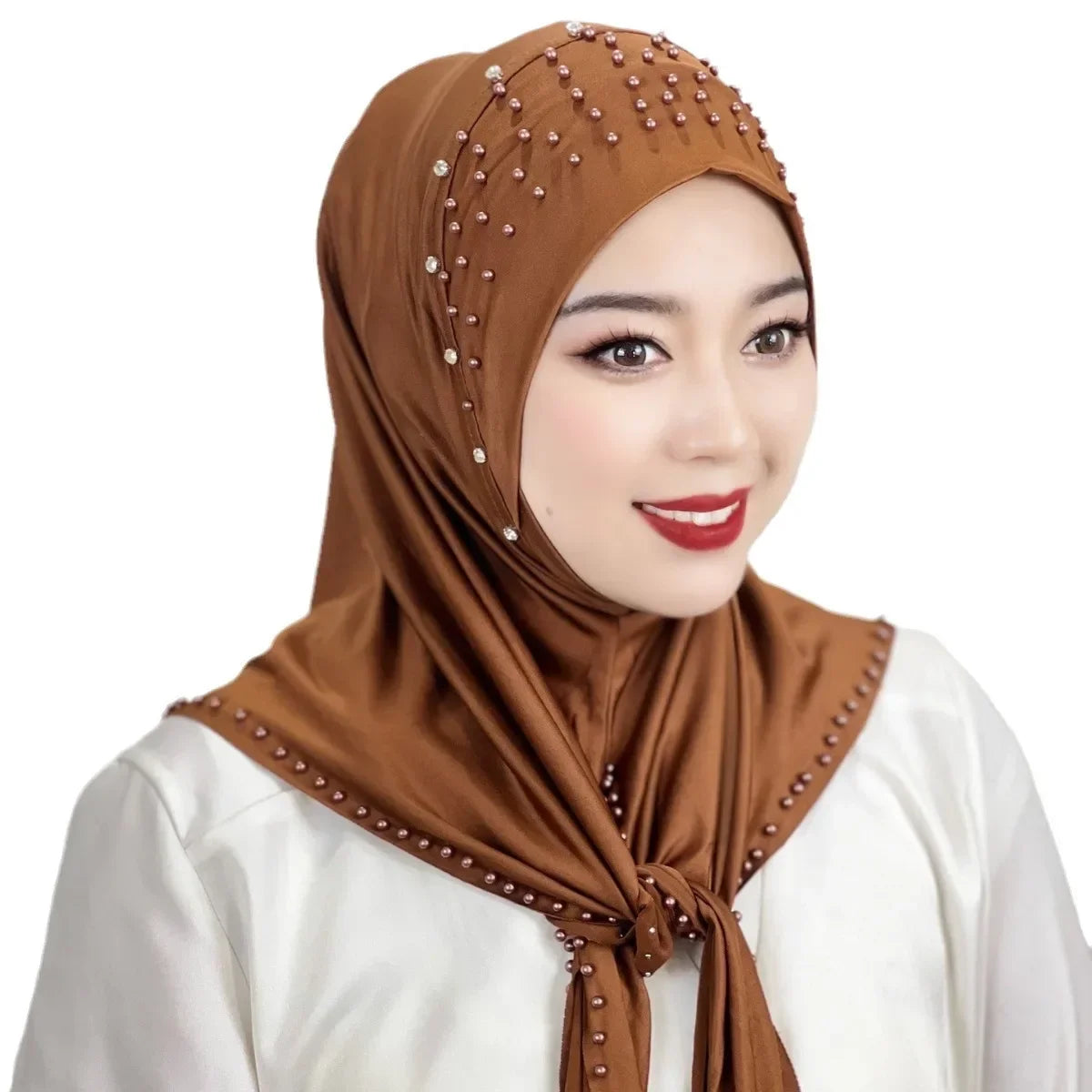 Convenient Instant Hijab Pullover Beaded Scarf Malay Shawl Women's Solid Color Headscarf (One Cap Gift)