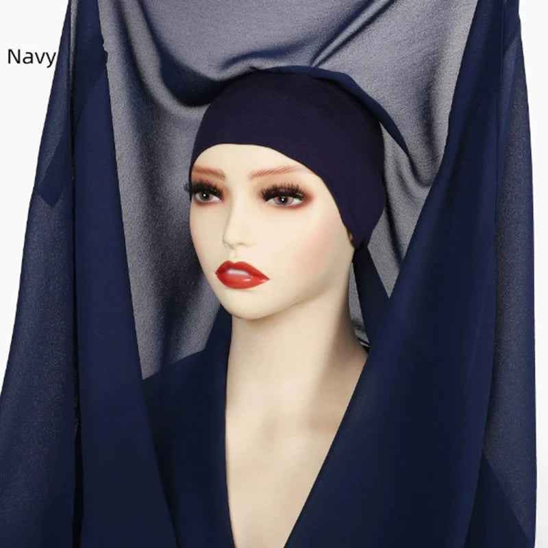 Chiffon Instant Hijab With Bulit-in Magnets Muslim Woman Hijab Solid Color Easy To Wear Shawl Wrap With Undercap Famme Headscarf