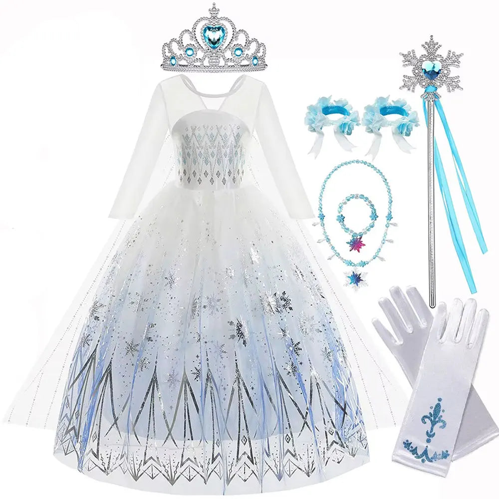 Disney Elsa Princess Dress For Girl White Printed Long-Sleeved Lace Dress Festive Party Gift Set Frozen Dress Fire Spirit Olaf