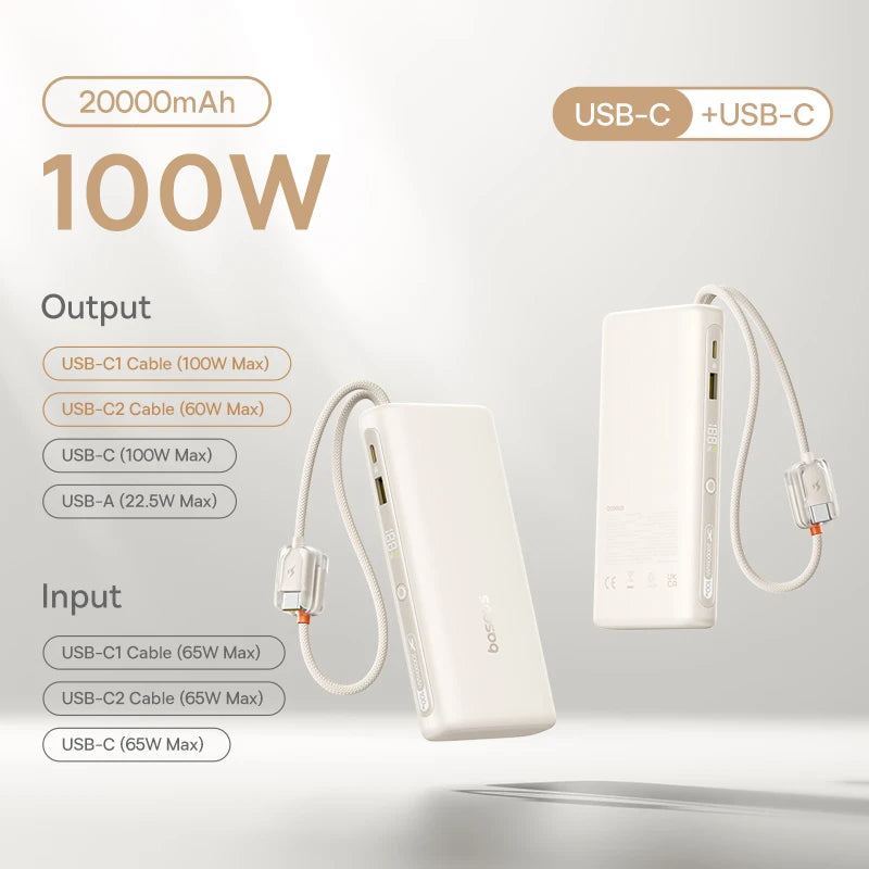 Baseus 145W Power Bank 25000mAh Fast Charging Built-In Type-C Cable Portable Battery Charger for iPhone Samsung MacBook Tablet