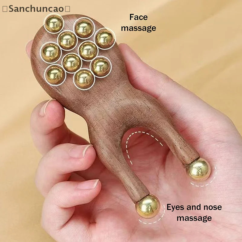 〔San〕Wooden Nose Guasha Massage Tool Brass Bead Handheld Comb Antistatic For Face Nose Eye Relaxation Spot Meridians Acupoint