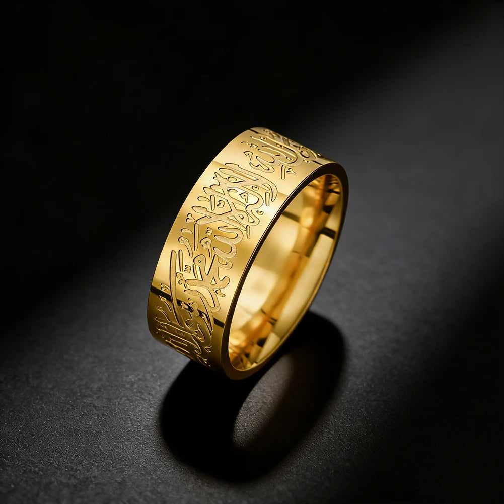 HIPEE Stainless Steel Islamic Rune Engraved Ring, Ayatul Kursi Ring, Muslim Arabic Prayer Religious Jewelry, Eid Gift