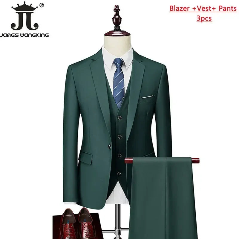 M-6XL 15 Colors ( Jacket+Vest+Pants ) Formal Business Office Men's Suits Groom Wedding Dress Party Dress Solid Color Suit