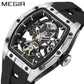MEGIR Fashion Leisure Alloy Case Men Mechanical Watch Silicone Band Barrel Shaped Dial Luminous Pointer Design Man Wristwatch