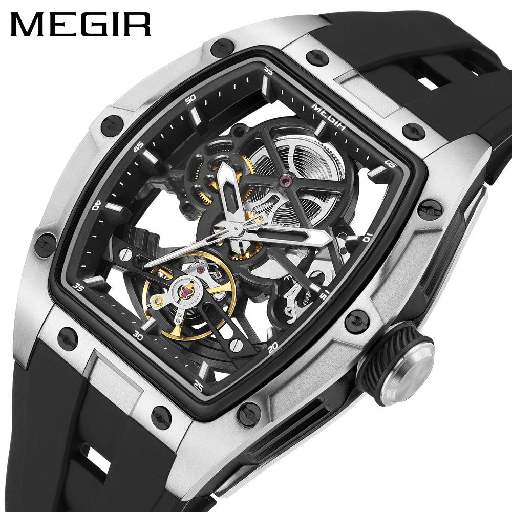 MEGIR Fashion Leisure Alloy Case Men Mechanical Watch Silicone Band Barrel Shaped Dial Luminous Pointer Design Man Wristwatch